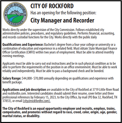 Job Advertisement: City Manager/Recorder
